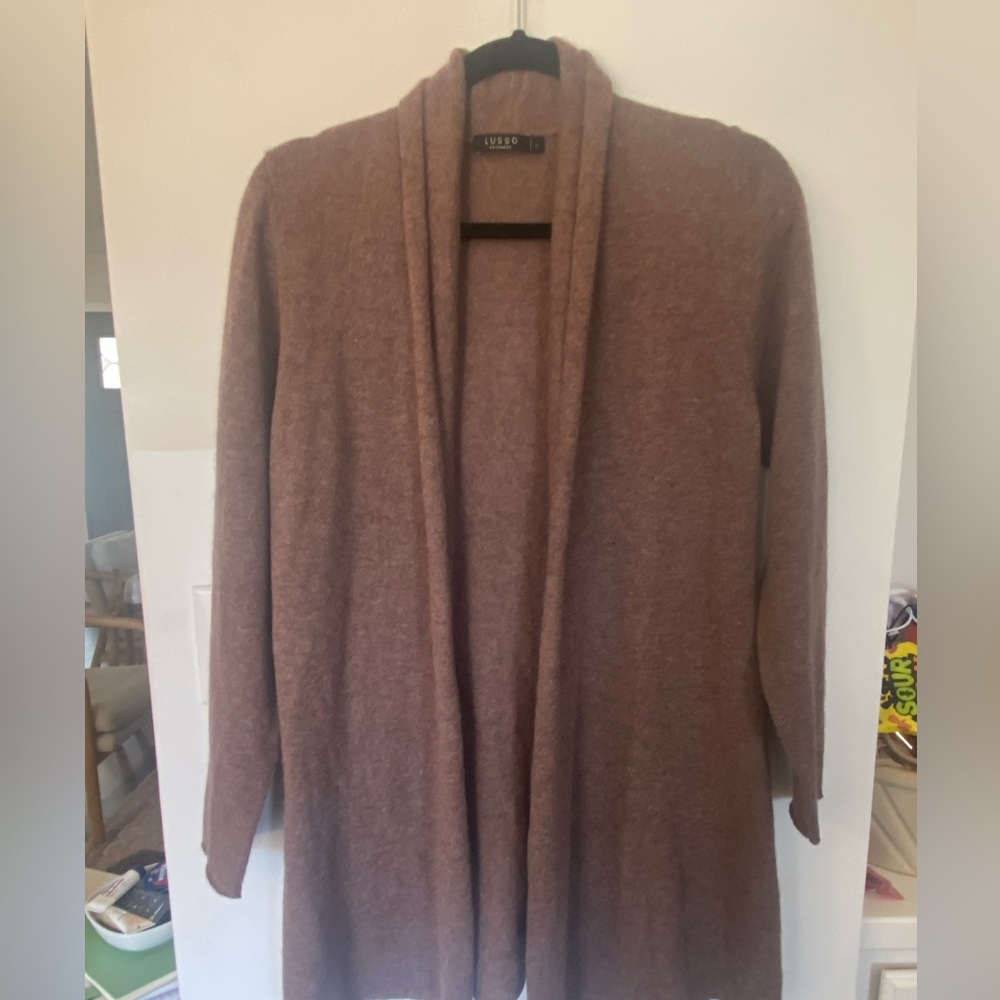 Lusso 100% Cashmere Women’s Brown Open‎ Front Waterfall Cardigan- Size Large